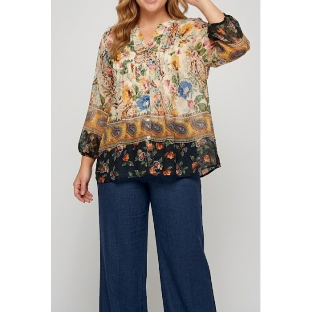 Fig and Flower Blouse 3X Multi Floral Paisley Swiss Dot Pintuck Relaxed Boho